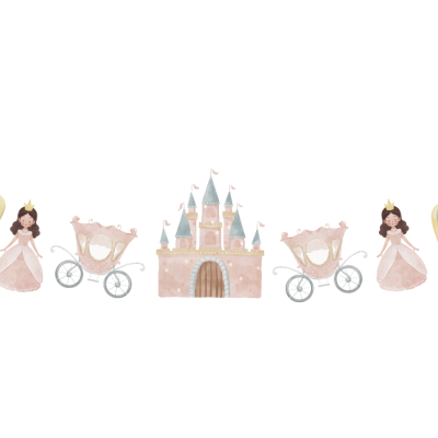 Guirlanda decorativa temática de princesa com castelo, carruagens, espelhos e princesas em tons pastel