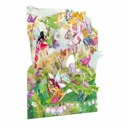 Cartão pop-up colorido com fadas e flores em cenário encantado
