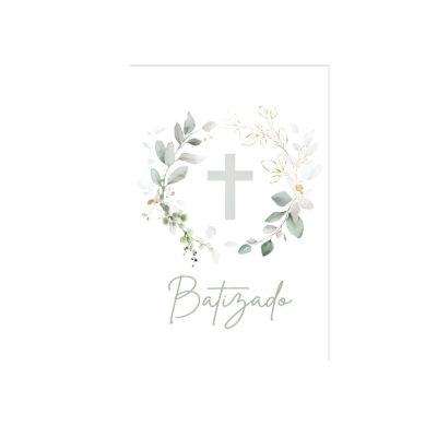 Cartão de batizado com cruz cinza e coroa floral verde e branca