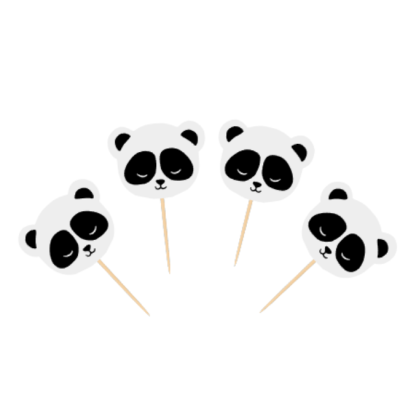 Quatro toppers para bolos com cabeças de panda em branco e preto