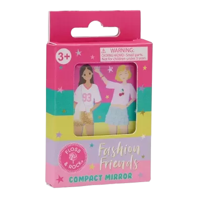 Embalagem colorida com espelho compacto Fashion Friends e ilustração de duas meninas