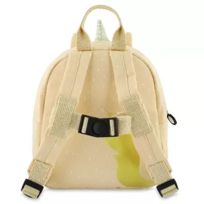 Mochila infantil bege com alças ajustáveis e chifre verde