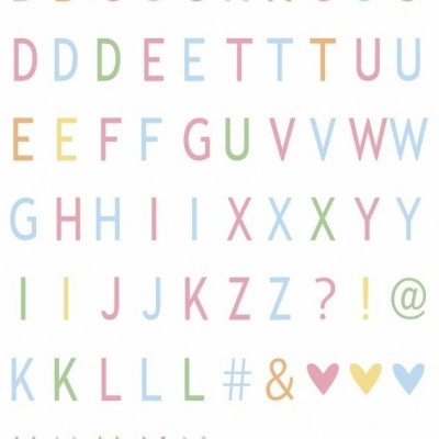 Autocolantes coloridos com letras, símbolos e formas em fundo branco