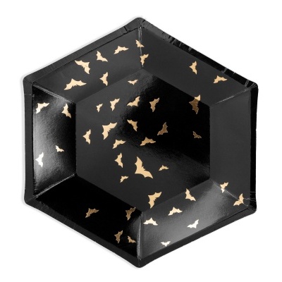 Prato preto hexagonal com morcegos dourados