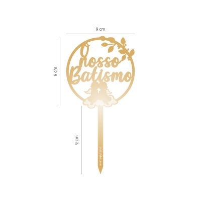 Decorativo para bolo acrílico dourado com texto O meu 1º Batismo e folhas