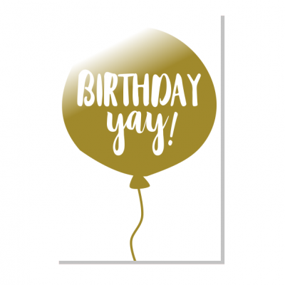 Cartaz com balão dourado e texto 'BIRTHDAY yay!'