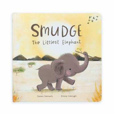 Capa do livro infantil 'SMUDGE The Littlest Elephant', mostrando um elefante pequeno cinzento na savana