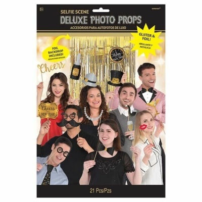 Embalagem de acessórios para fotos de festa 'DELUXE PHOTO PROPS' com glitter e foil, 21 peças.