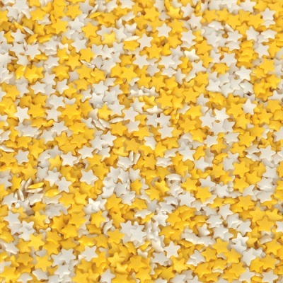 Confeites decorativos em forma de estrelas amarelas e brancas.