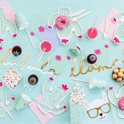 Decoração festiva com tema de cactos e llamas em tons pastel