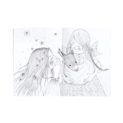 Desenho a preto e branco de duas raparigas com um canguru bebé