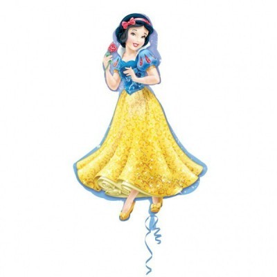 Balão metálico formato Branca de Neve vestido azul e amarelo segurando rosa