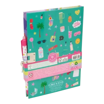 Caderno decorado com ilustrações coloridas e caneta rosa presa ao lado.