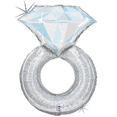 Balão metálico prateado em forma de anel com diamante azul