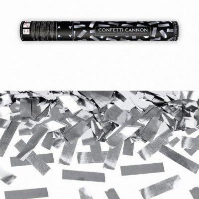 Tubos de confetti cannon pretos com texto 'CONFETTI CANNON silver' e confetes prateados espalhados