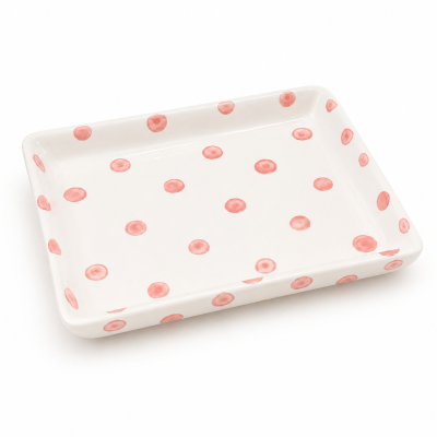 Tabuleiro retangular branco com bolinhas rosa