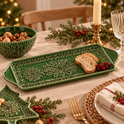 Tabuleiro retangular verde decorado com motivos natalícios e fatias de pão, em mesa com decoração festiva.