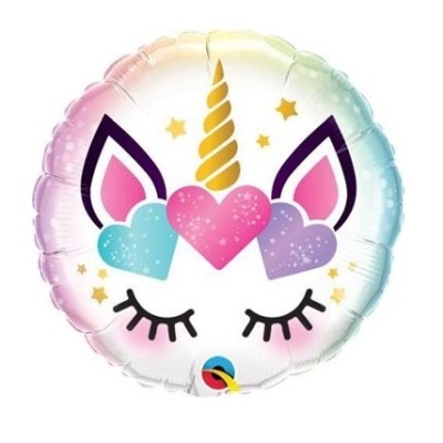 Balão redondo de alumínio com desenho de unicórnio colorido e corações brilhantes