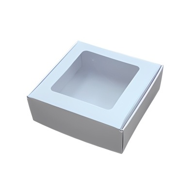 Caixa branca de cartão com janela transparente