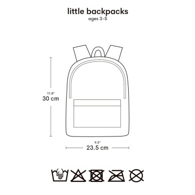 Desenho técnico de mochila infantil com dimensões e símbolos de lavagem