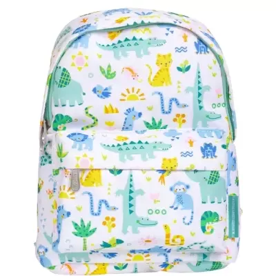 Mochila infantil branca com padrão de animais coloridos