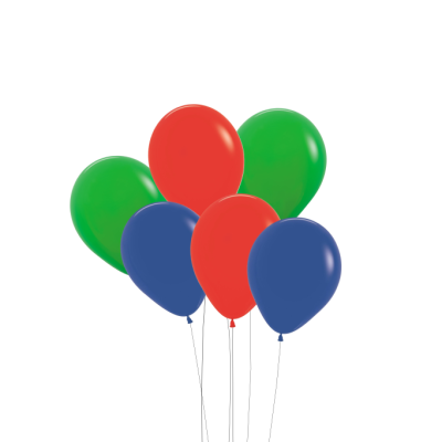 Balões coloridos laranja, verde e azul com cordões