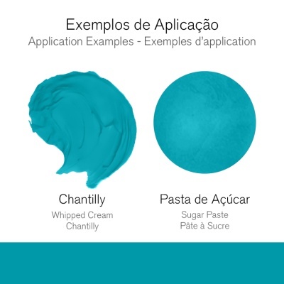 Exemplos de aplicação de um produto azul turquesa em Chantilly e Pasta de Açúcar.