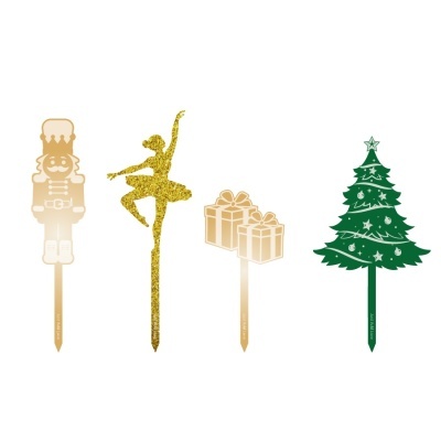 Quatro palitos decorativos de Natal com figura de soldado, bailarina, presentes e árvore