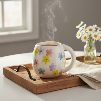 Caneca branca com flores coloridas numa bandeja de madeira com guardanapo e vaso de margaridas