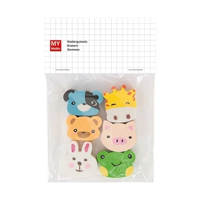 Conjunto de seis borrachas de animais coloridos em embalagem de plástico