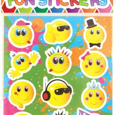 Pacote de autocolantes com emojis amarelos coloridos e texto FUN STICKERS