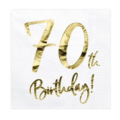 Guardanapo branco com texto dourado '70th Birthday!'
