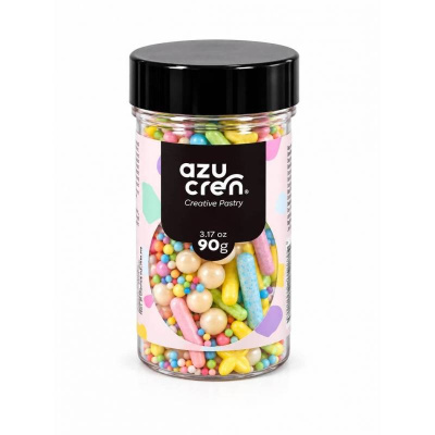 Frasco com confeitos coloridos emuls rótulo azucres