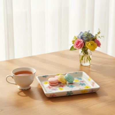Xícara de chá branca ao lado de prato florido com macarons e jarro com flores em mesa de madeira