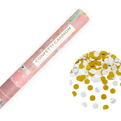 Cano de confetti rosa com confetti prateado e dourado