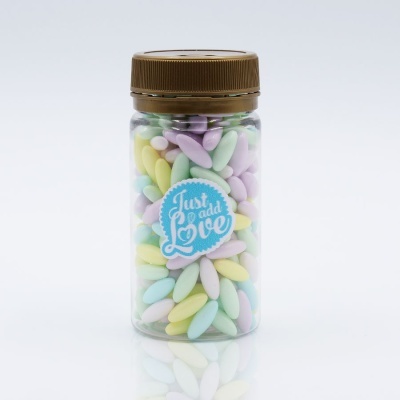 Frasco de amêndoas mexicanas coloridas com tampa castanha e etiqueta azul