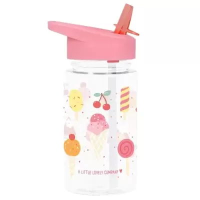 Garrafa de plástico transparente com tampa rosa e ilustrações de gelados e doces