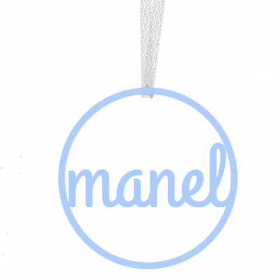 Ornamento transparente com nome manel azul e fita branca