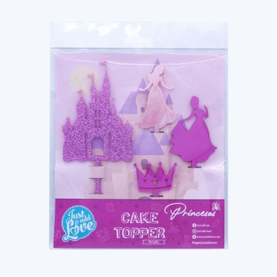 Cake toppers de tema princesas rosa e cor-de-rosa em embalagem transparente