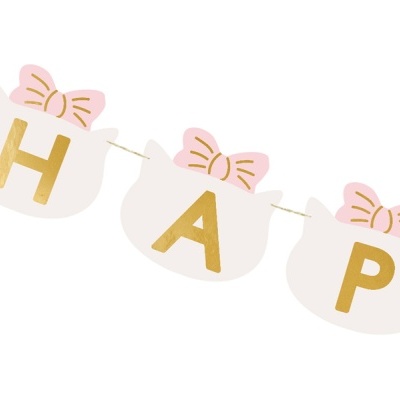 Guirlanda decorativa com letras douradas e laços cor-de-rosa