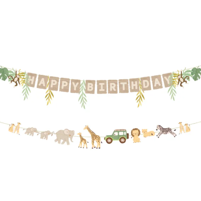 Guirlandas decorativas de festa com tema safari e letras HAPPY BIRTHDAY