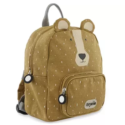 Mochila infantil castanha com padrão de pintas e desenho de urso