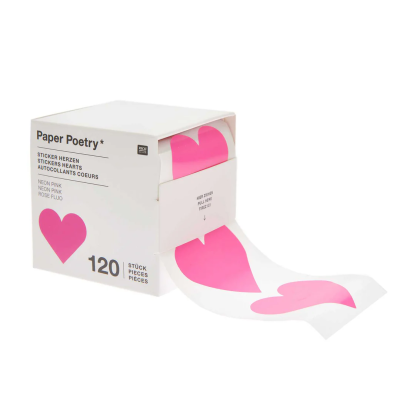 Caixa branca com autocolantes de coração rosa-neon e texto informativo