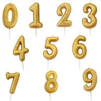 Velas de aniversário douradas em forma de números de 0 a 9 com brilho