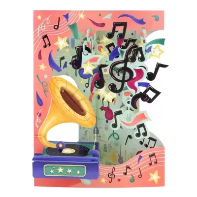 Cartão tridimensional com gramofone e notas musicais coloridas