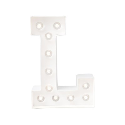 Letra luminosa decorativa branca em forma de L com luzes embutidas