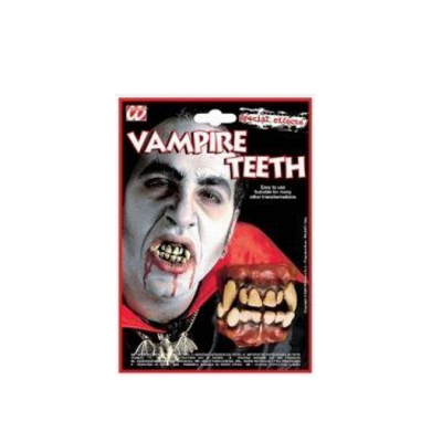 Dentes postiços de vampiro em embalagem com imagem de vampiro maquilhado