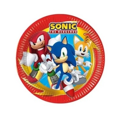 Prato de papel vermelho com personagens do Sonic the Hedgehog e texto SONIC THE HEDGEHOG