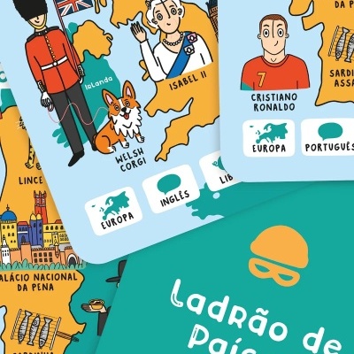 Cartões ilustrados com mapas da Europa, personagens famosos e texto em português com capa azul escrita Ladrão de países