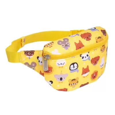 Pochete amarela com desenhos de rostos de animais e fecho de correr